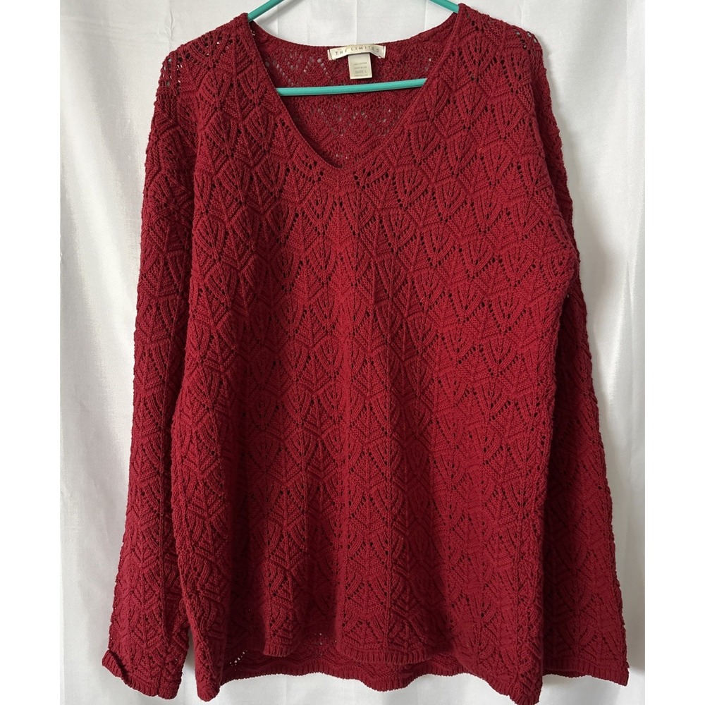 The Limited Red L Sleeve Knit Sweater Womens LG V-Neck Intricate Pattern Cotton